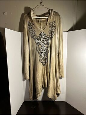 Vocal Y2K Rhinestone Cross Tunic DressHooded ThermalWaffle Knit Sharkbite Hem XL